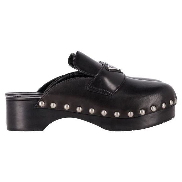 Prada Triangle Logo Studded Clogs in Black Leather - Picture 1 of 6